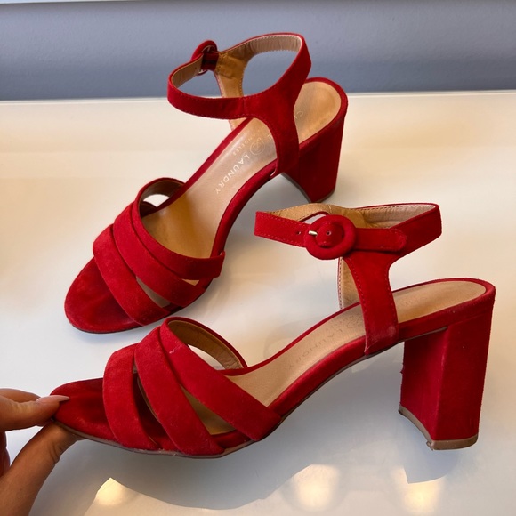 Red suede heeled summer sandals - Picture 3 of 4
